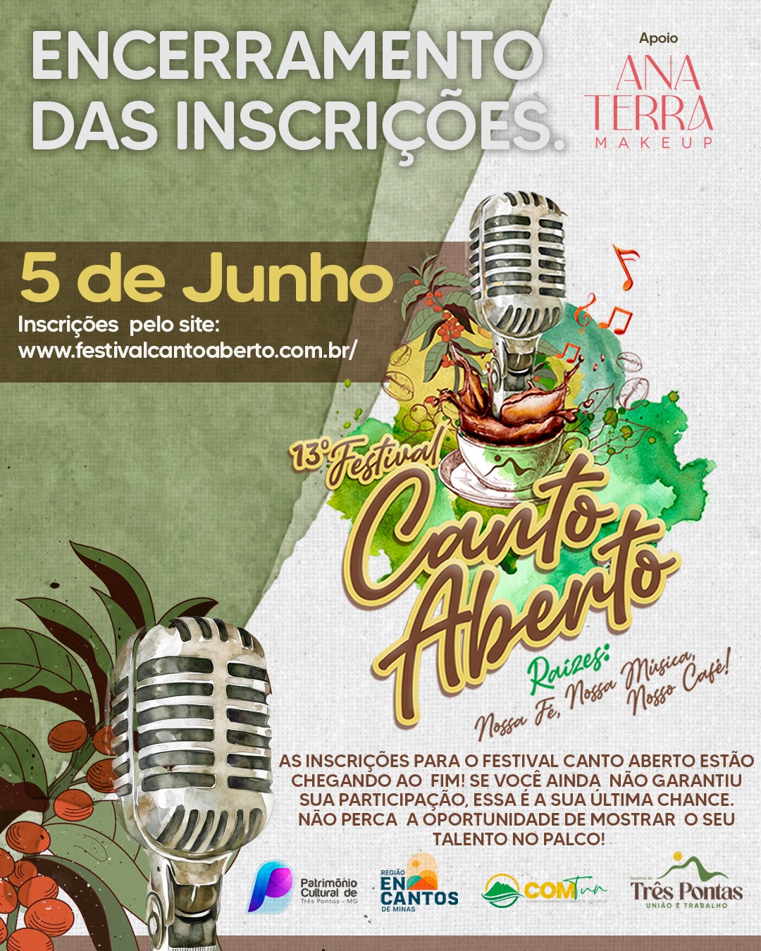 Inscrições para o Festival Canto Aberto terminam nesta quinta-feira