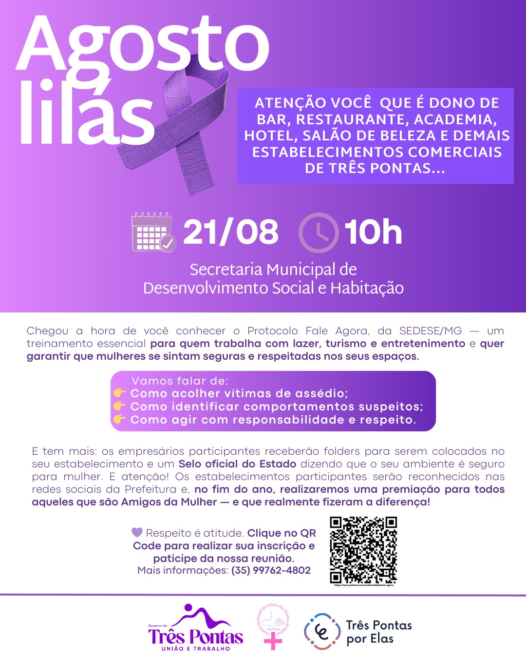 Três Pontas vai promover treinamento do Protocolo Fale Agora para bares, restaurantes e casas noturnas