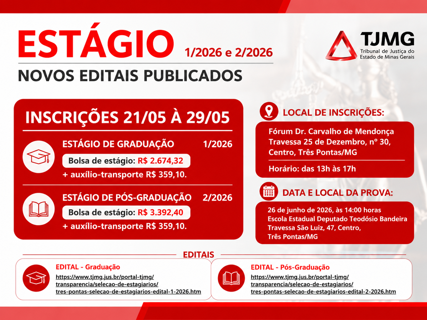 Comarca de Três Pontas abre seleção para estágio em Direito com vagas para graduação e pós